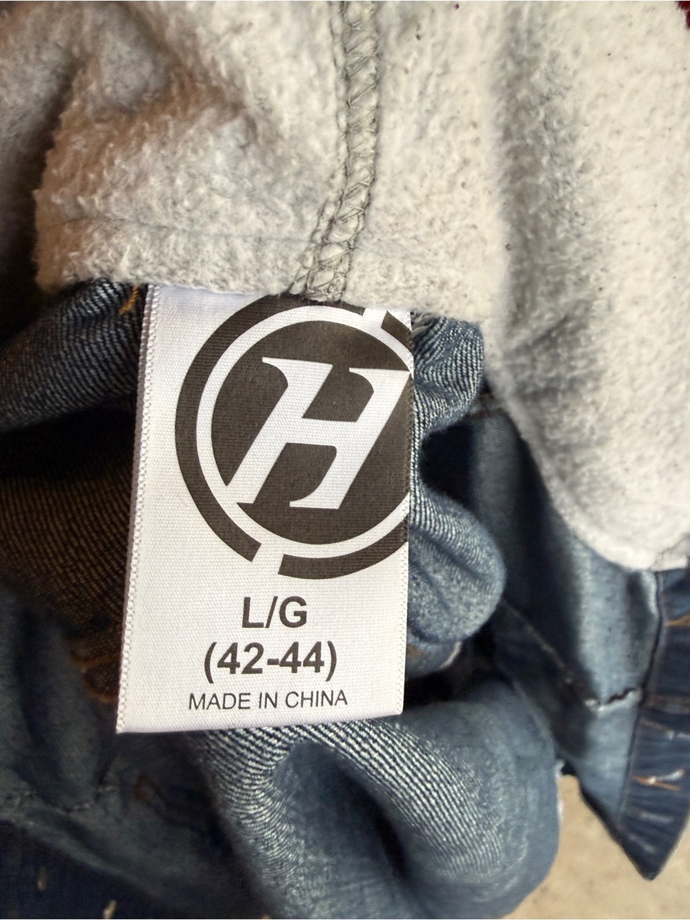 H Men's Denim Bomber Jacket Hooded Graphic Blue Gray Button Size L 42-44 - Picture 11 of 11